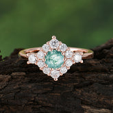 Round Cut Moss Agate Engagement Ring Cluster Six Prong Setting